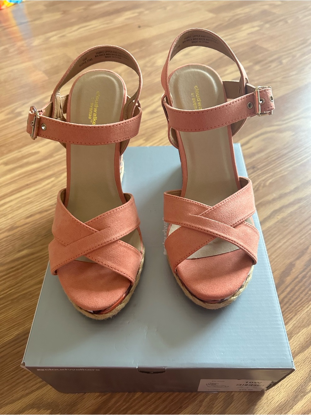 Avenue Coral Cross-Strap Ankle-Buckle Wedge Sandals. Size 10W